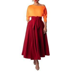 FKSP Women's Sz. XS Red 100% Linen "Alexis" Red Belted Swing Skirt